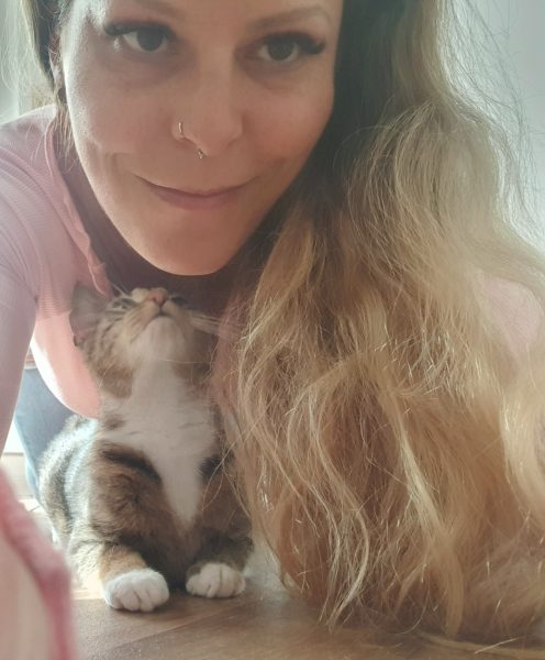 Auf dem Bild sieht man Katzensitter von Purrfect mobile Katzenbetreuung mit kleiner Tabby Katze